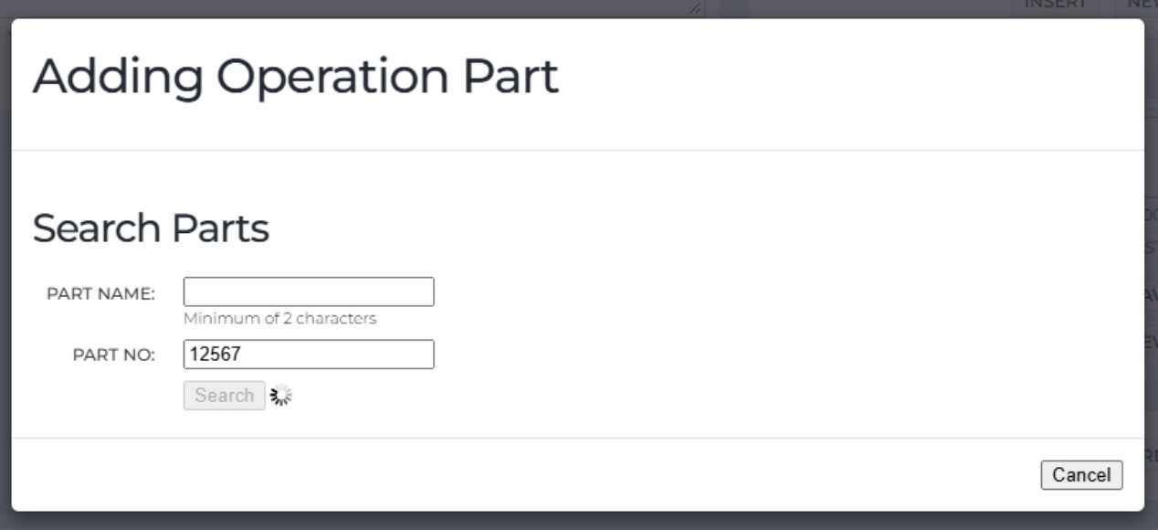 Adding Operation Part – Search Parts dialog showing partial part number entry